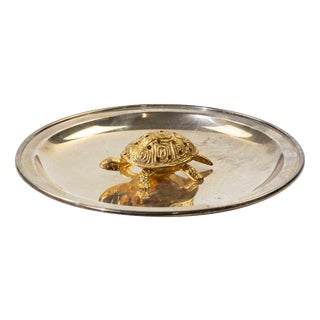 Decorative Silver-Plated Dish with Gilt Turtle Figure, 1950s For Sale