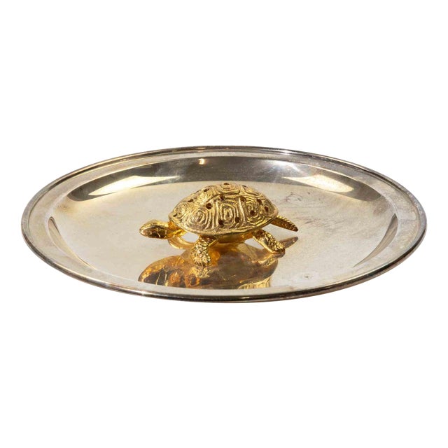 Decorative Silver-Plated Dish with Gilt Turtle Figure, 1950s For Sale