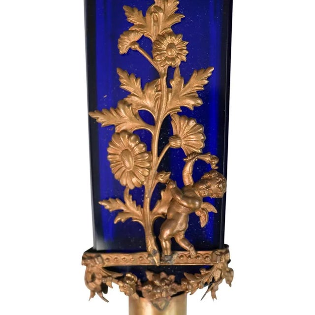Pair Antique French Cobalt Glass Gilt Bronze Cherub Putti Wall Sconces For Sale - Image 4 of 13