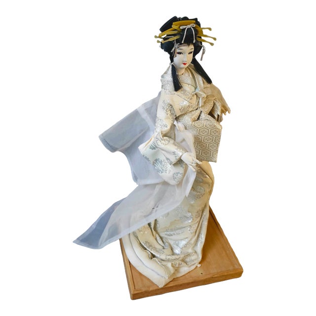 Antique Japanese Nishi Geisha Doll With Silver Embroidered Silk Kimono For Sale