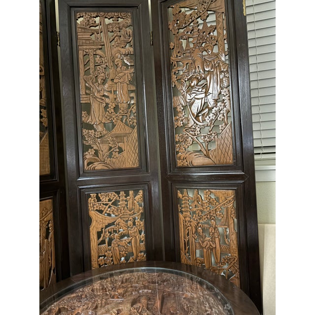 Wood Mid-20th Century Hand-Carved Chinese Low Tea Table Set With 4 Nesting Stools & Matching Folding Screen - 6 Pieces For Sale - Image 7 of 12