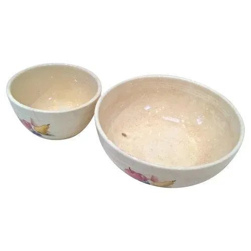Set of two vintage ceramic fruit-motif serving bows. Small: 6.25"Dia x 3.5"H; large: 9.38"Dia x 4"H. Marked "Knowles...