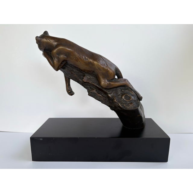 1980s Vintage Bronze Finish Reclining Panther Sculpture on Modernist Base For Sale - Image 5 of 10