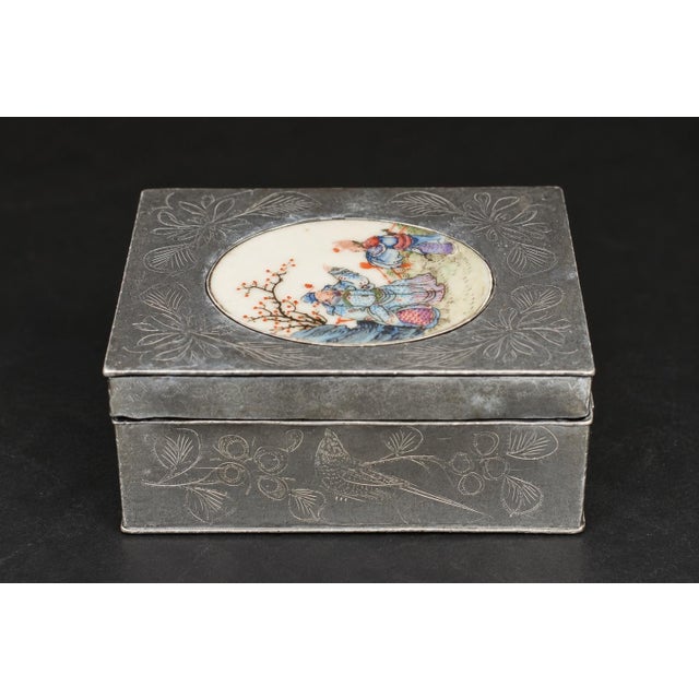 Chinese Antique Pewter Box W Finely Painted Porcelain 1920s Republic Era For Sale In Los Angeles - Image 6 of 13