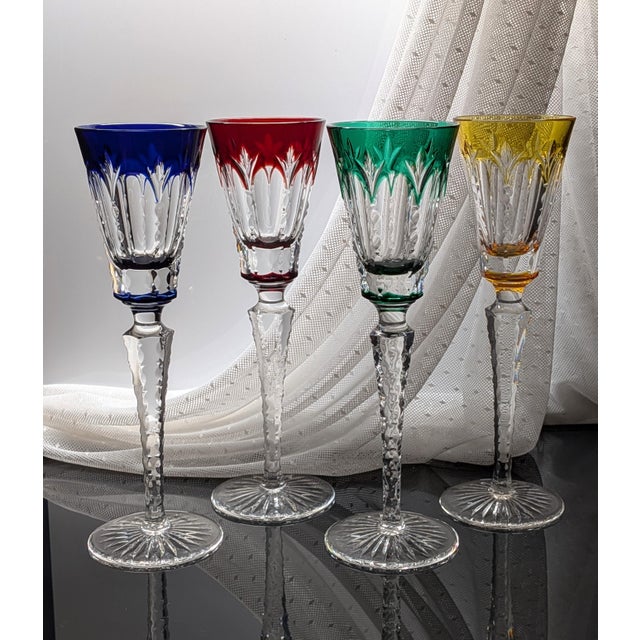 Set of 4 gorgeous, colorful liquor/cordial glasses by luxury purveyor, Faberge - beautiful jewel-toned red, blue, yellow...