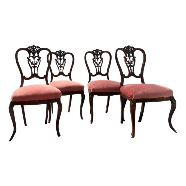 Set of 4 Chippendale Style Dining Chairs with Original Pink Velvet Upholstery, 1950s For Sale