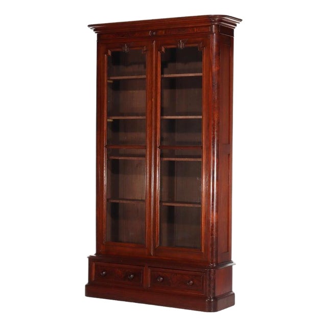 Antique Renaissance Revival Walnut & Burl 2 Door Bookcase C1890 For Sale