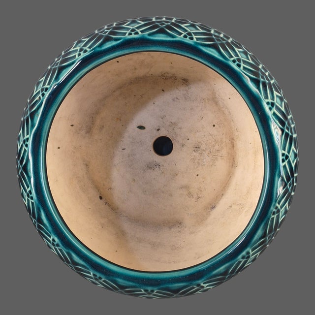 Late 20th Century Vintage Glazed Pottery Teal, Green, Blue Planter Attached Under Plate For Sale - Image 5 of 7