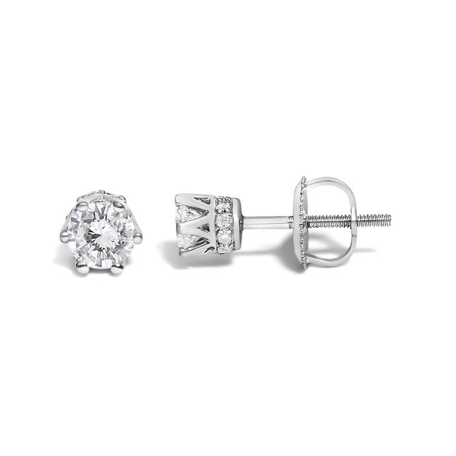 Contemporary 14K White Gold 1/2 Cttw Round Diamond 6 Prong Crown Stud Earrings (I-J Color, I1-I2 Clarity) For Sale - Image 3 of 5