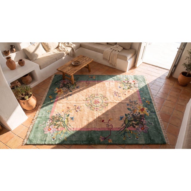 Peach Antique Chinese Art Deco Rug 9' 0" x 11' 6" For Sale - Image 8 of 9