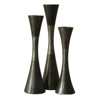 Diabolo Candlesticks in Patinated and Brushed Steel, 1970s, Set of 3 For Sale
