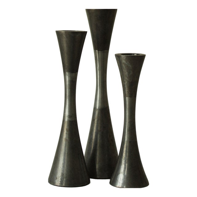 Diabolo Candlesticks in Patinated and Brushed Steel, 1970s, Set of 3 For Sale