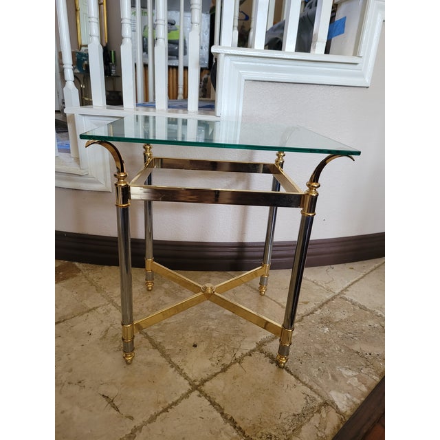 Hollywood Regency Mid 20th Century Brass and Glass Side Table For Sale - Image 3 of 12