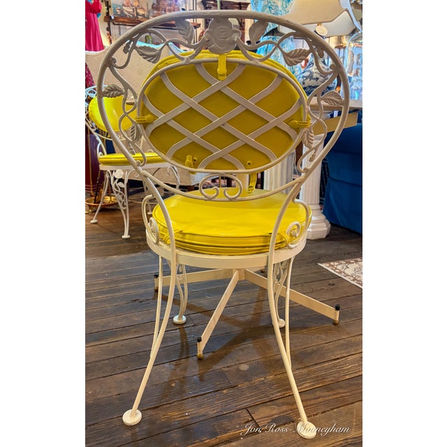 1960s Vintage 1960s 5-Piece White Cast Iron and Marble Patio Set With Bright Yellow, Vinyl Seat and Back Cushions For Sale - Image 5 of 10