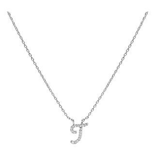 10K White Gold Diamond Accent "T" Initial Script Style Pendant Necklace For Sale