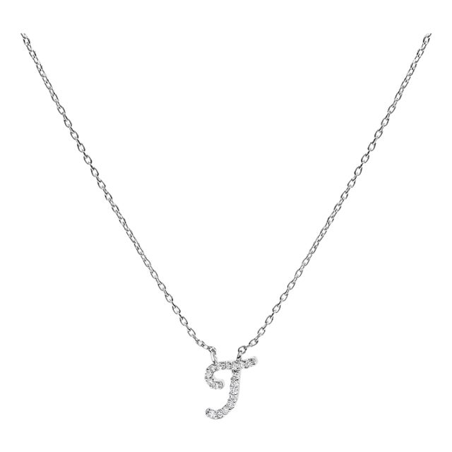 10K White Gold Diamond Accent "T" Initial Script Style Pendant Necklace For Sale