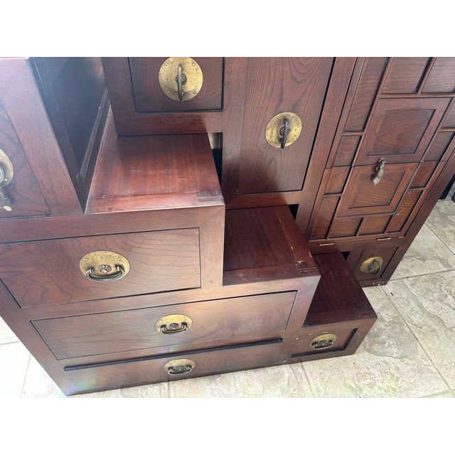 Late 20th Century Japanese Edo–Meiji Style Puzzle Tansu Cabinet, Two-Piece Elmwood Chest With Brass Hardware For Sale - Image 10 of 14