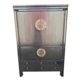 Modern Chinese Style Black Wooden Armoire For Sale