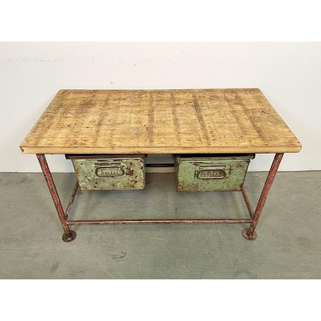 Mid-Century Modern Red Industrial Worktable with Two Green Iron Drawers, 1960s For Sale - Image 3 of 18