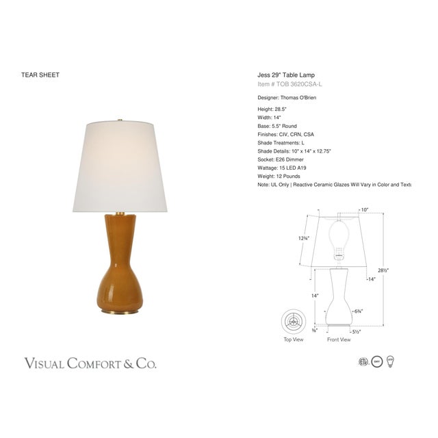 Thomas O'Brien by Visual Comfort Signature Jess 29" Table Lamp in Crackled Sienna with Linen Shade Designer: Thomas...