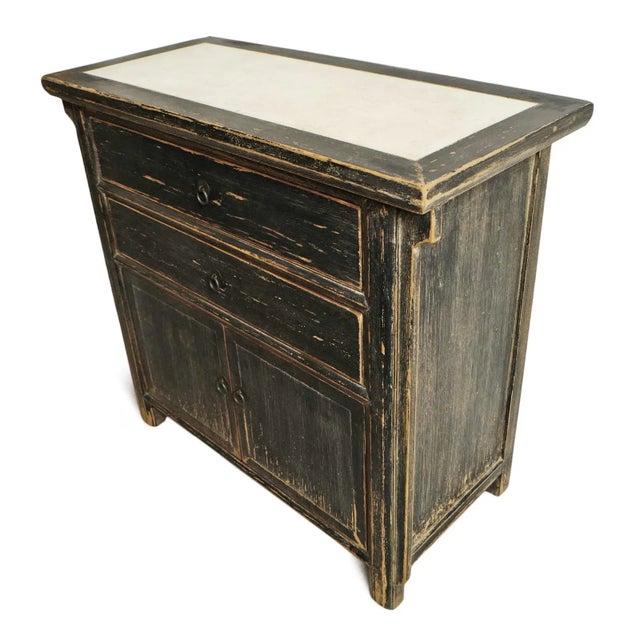 Wood Marble Top Black Rustic Dresser Cabinet For Sale - Image 7 of 8