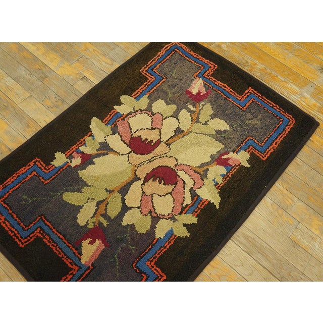 Textile Adorable Brown Background Color Peculiar Flower Geometric Design Antique American Hooked Rug For Sale - Image 7 of 9