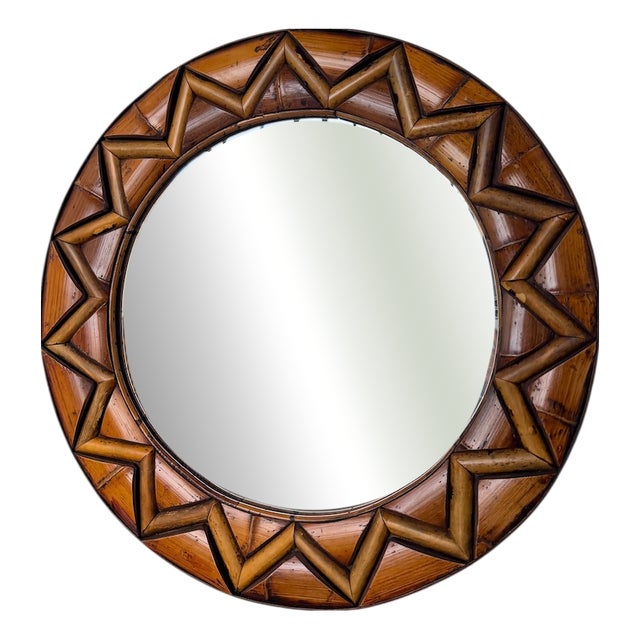 Round Rattan Mirror, 1980 For Sale