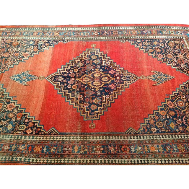 19th Century Persian Bidjar Rug, Geometric Pattern, Handwoven Wool, Red & French Blue, 8’ X 12’ For Sale - Image 10 of 11
