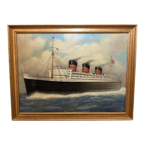 Seascape Oil Painting Rms Queen Mary Steam Ship on Choppy Seas After Antonio Jacobsen Framed