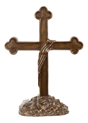 Contemporary Bronze Religious Cross with Trifold Extremities and Rocky Base