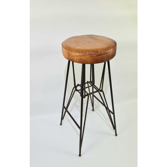 Mid-Century Modern Vintage Industrial Metal Stool with Leather Seat, 1960s For Sale - Image 3 of 8