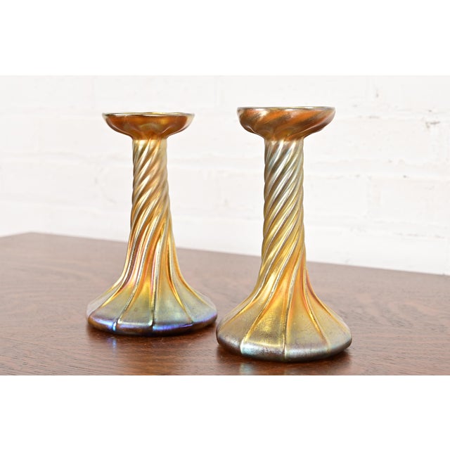 Art Deco Louis Comfort Tiffany Favrile Iridescent Art Glass Candlesticks, Pair For Sale - Image 3 of 13