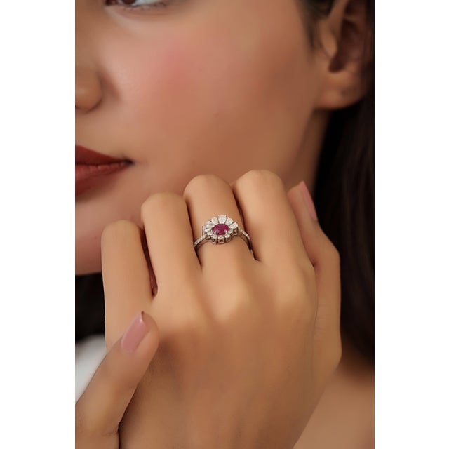 18k Gold Mozambique Natural Ruby & Diamond Floral Halo Cocktail Ring Size 6 For Sale - Image 11 of 16