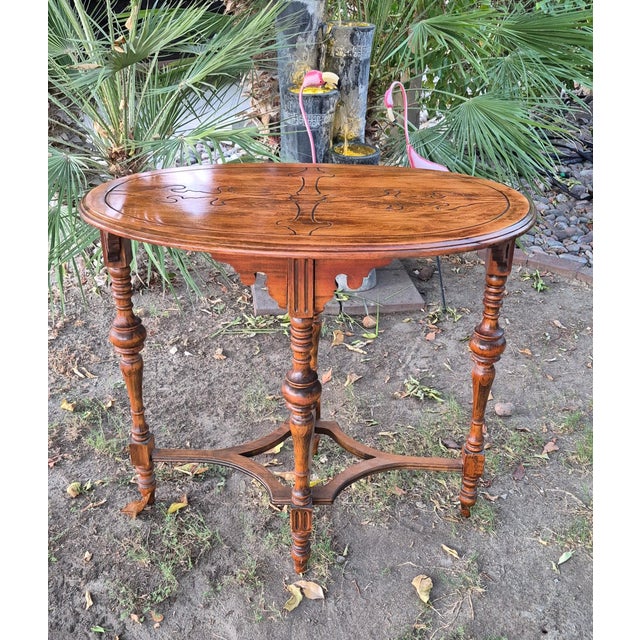 Antique Victorian Style Inlaid Oval Wooden Parlor Table With Turned Legs & Stretcher Base For Sale - Image 4 of 10