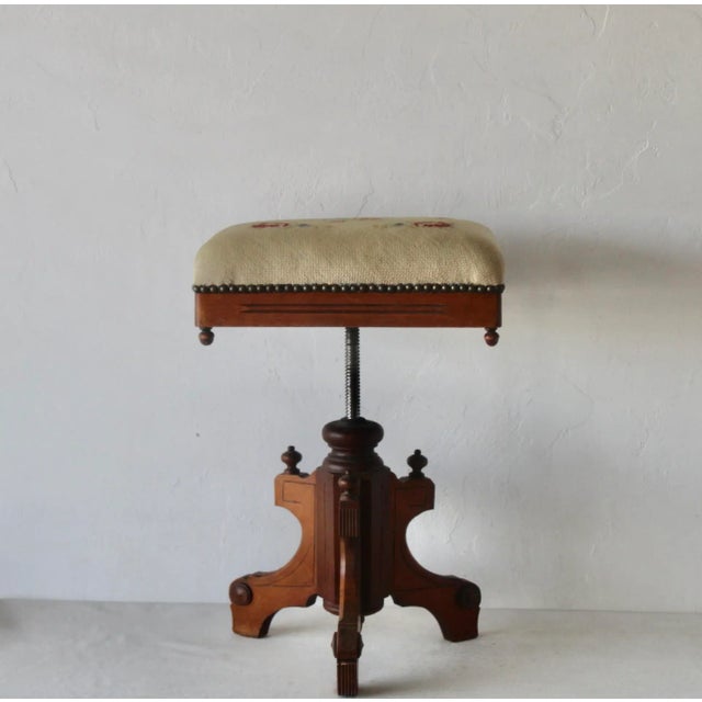 TONK Chicago & New York Vintage Ornate Wood Needlepoint Padded Upholstered Adjustable Height Stool. Lots of gorgeous...