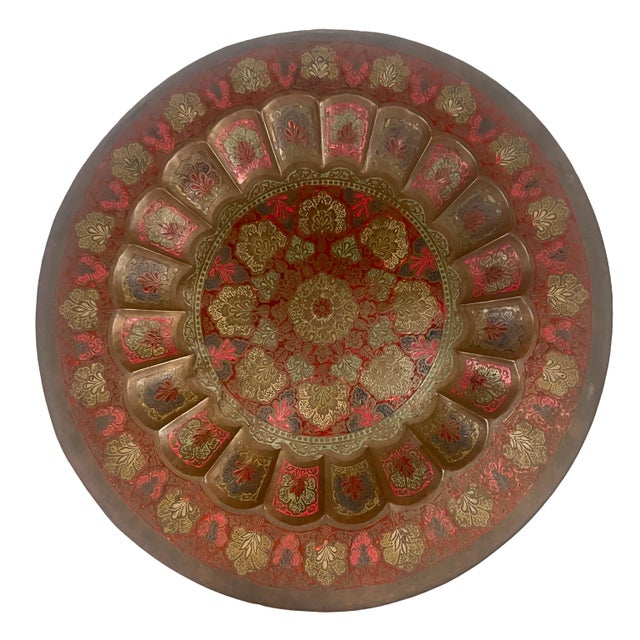 Large Anglo-Indian Style Embossed Copper Wall Charger with Red and Gold Floral Decoration, 1970s For Sale - Image 9 of 9