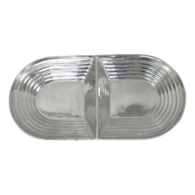 Vintage Mid Century Modern Art Deco Cast Aluminum 2 Section Serving Dish Platter For Sale