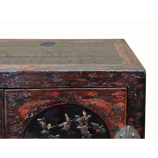 1970s Vintage Chinoiseries Brick Red & Stone Inlay Graphic Credenza Cabinet For Sale - Image 5 of 11