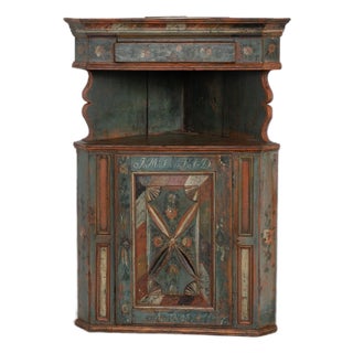 19th Century Original Swedish Blue Painted Corner Cabinet For Sale