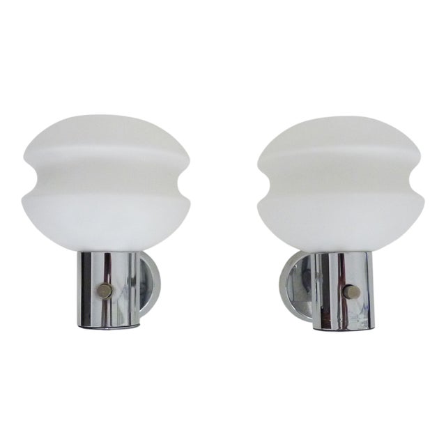 Vintage Wall Sconces in Chrome Metal and White Glass, 1960s, Set of 2 For Sale