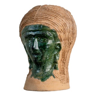 Sculptural Studio Pottery Vase Form with Green Glazed Face, 1980s For Sale
