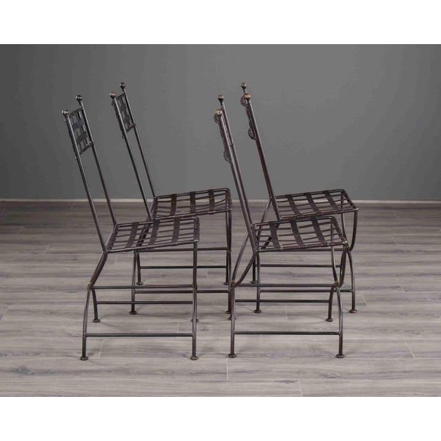 Set of Four French Iron Curule Side Chairs With Woven Strap Seats For Sale - Image 10 of 12