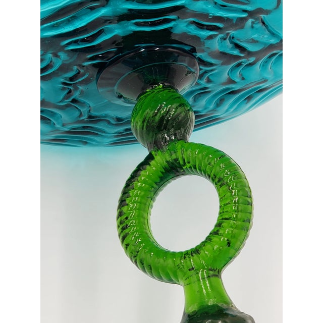 Glass Mid 20th Century Empoli Italy Peacock Glass Draped Optic Footed Compote Vase/Bowl For Sale - Image 7 of 10