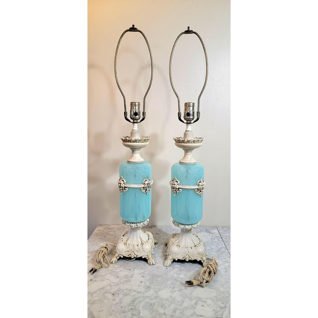 These beautiful specimens of the Hollywood Regency Revival Era mimicking French Opaline Glass Table Lamps from the...