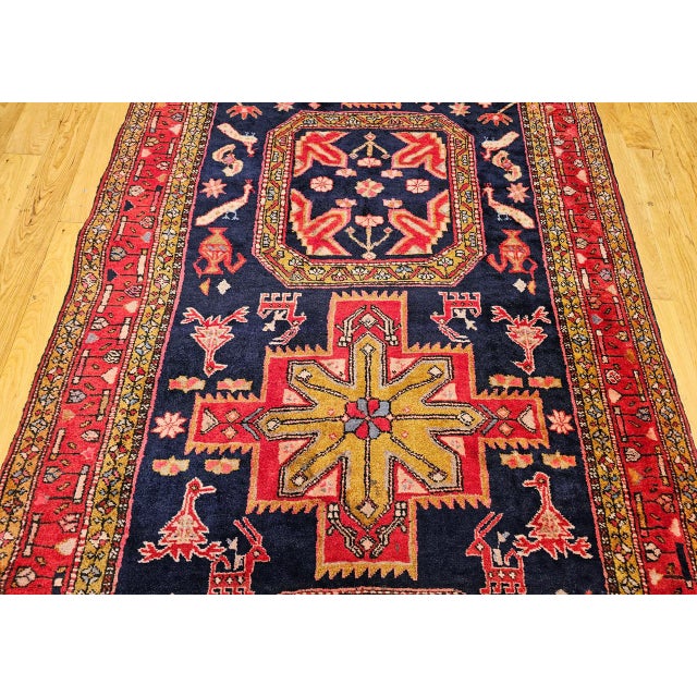 Vintage Persian Hamadan Gallery Rug, Hand-Knotted Wool, Geometric Bird Motifs Design, Navy & Red, 5x11 For Sale - Image 16 of 17
