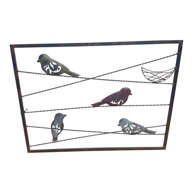 1980s Faux Bronze Hanging Garden Art Sculpture Aged Steel Birds Outdoor Rust Blue Green For Sale