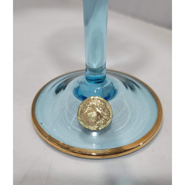 Blue Mid-Century Modern Romanian Vintage Bohemian Blue & 22 Carat Gold Glass Decanter & 6 Piece Set For Sale - Image 8 of 9