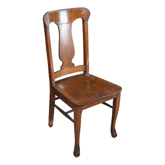 Antique Arts & Crafts Quartersawn Oak Saddle Seat Desk Side Chair Paw Foot For Sale