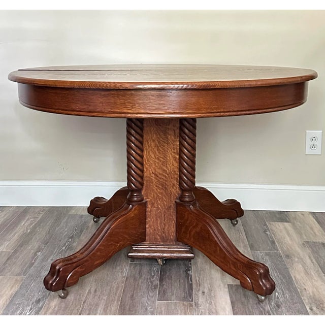 Antique 20th Century Tiger Oak Split Pedestal Table With Ornate Carvings & Paw Feet For Sale - Image 4 of 12