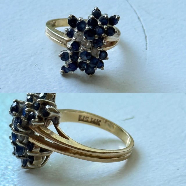 Vintage 14k Yellow Gold Victorian Revival Sapphire & Diamond Waterfall Cluster Ring, Size 7.25 For Sale - Image 9 of 9